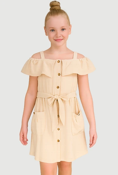 Girls Cold Shoulder Ruffle Overlay Dress