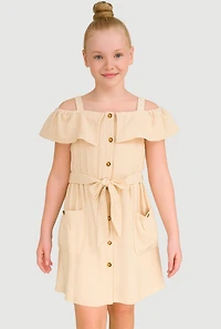 Girls Cold Shoulder Ruffle Overlay Dress