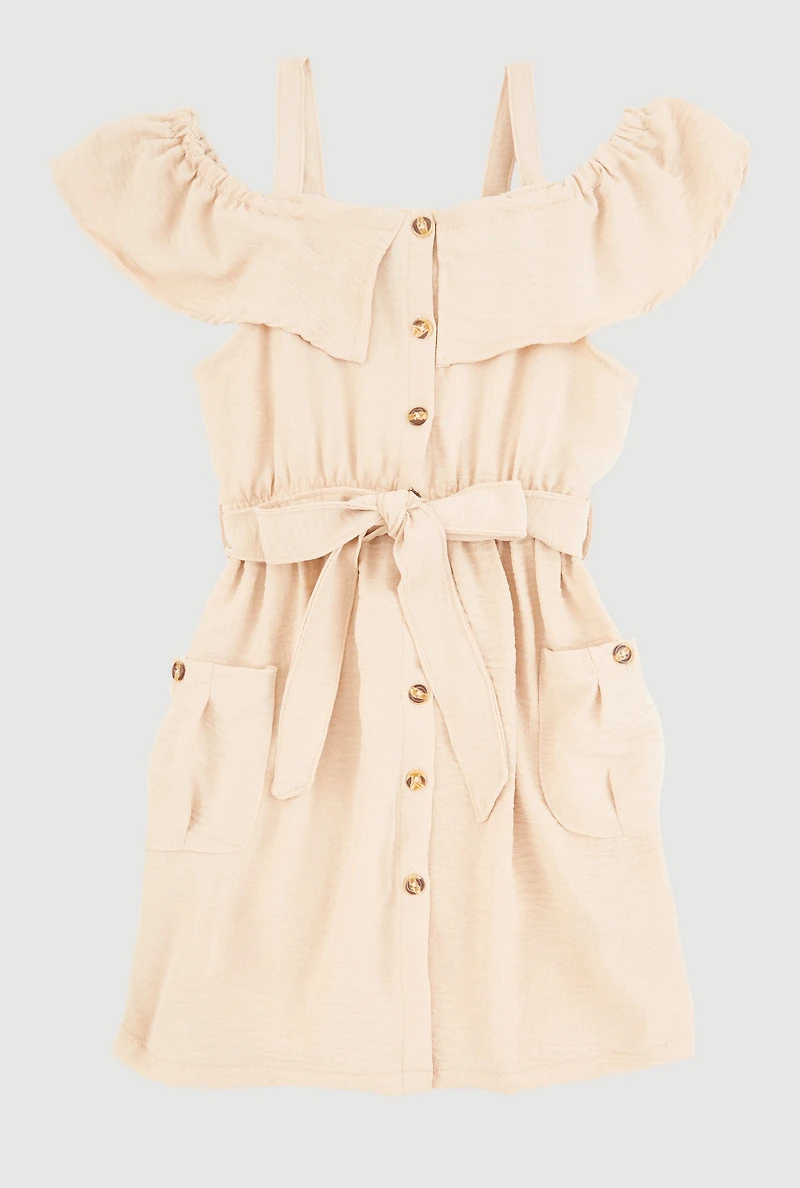 Girls Cold Shoulder Ruffle Overlay Dress, Beige, Size 10-12