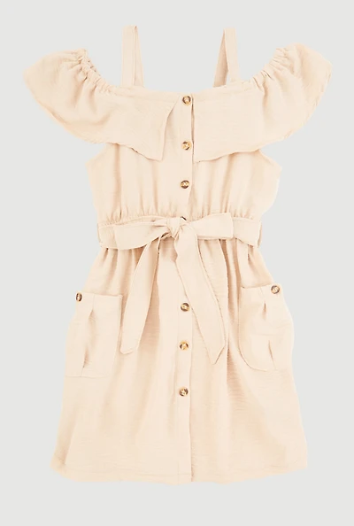 Girls Cold Shoulder Ruffle Overlay Dress, Beige, Size 10-12
