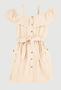 Girls Cold Shoulder Ruffle Overlay Dress, Beige, Size 10-12
