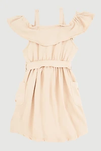 Girls Cold Shoulder Ruffle Overlay Dress, Beige, Size 10-12