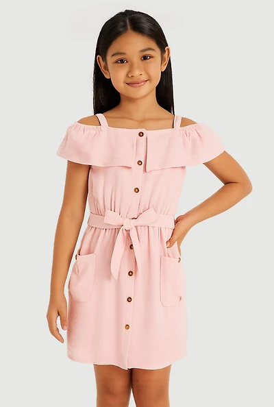 Girls Cold Shoulder Ruffle Overlay Dress, Pink, Size 14-16