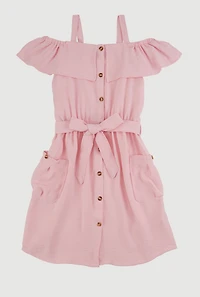 Girls Cold Shoulder Ruffle Overlay Dress, Pink, Size 14-16