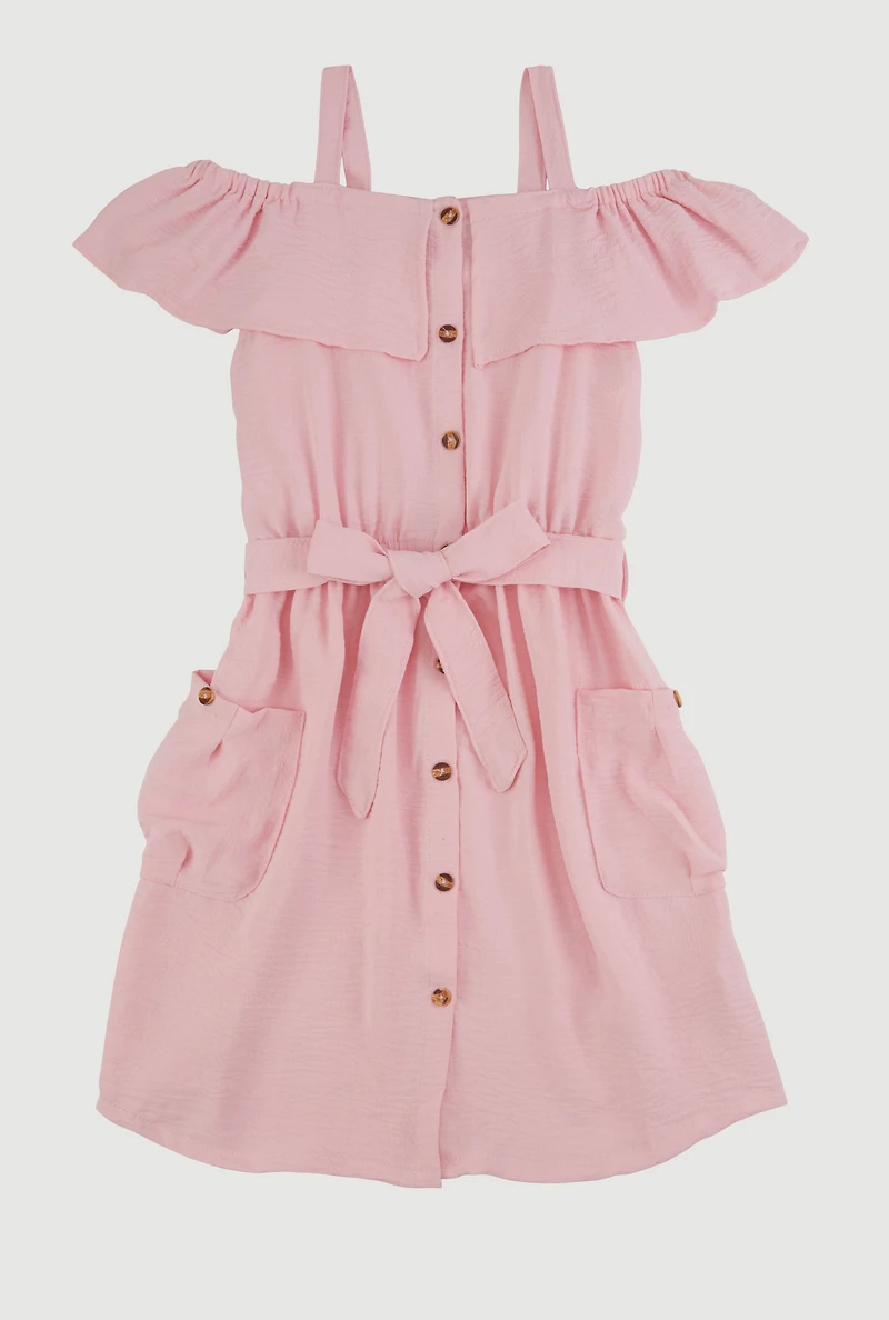 Girls Cold Shoulder Ruffle Overlay Dress, Pink, Size 10-12
