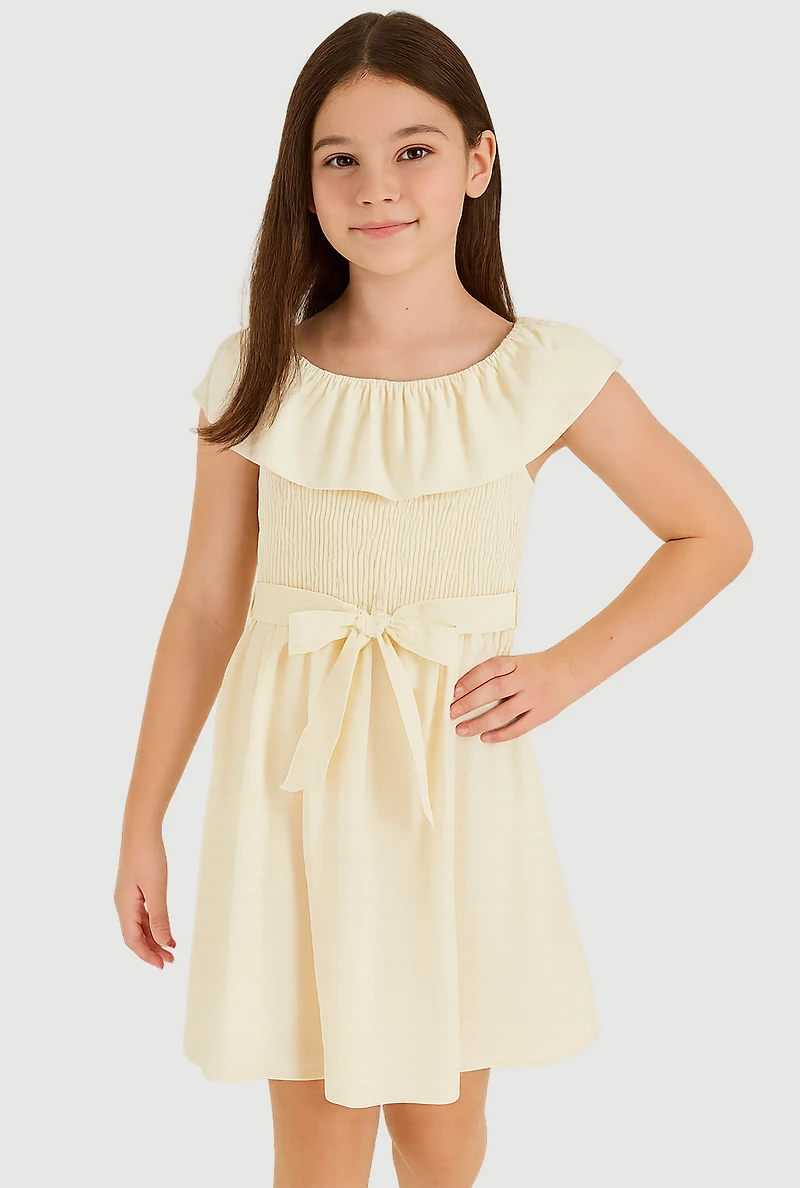 Girls Airy Ruffle Overlay Tie Waist Skater Dress, White,