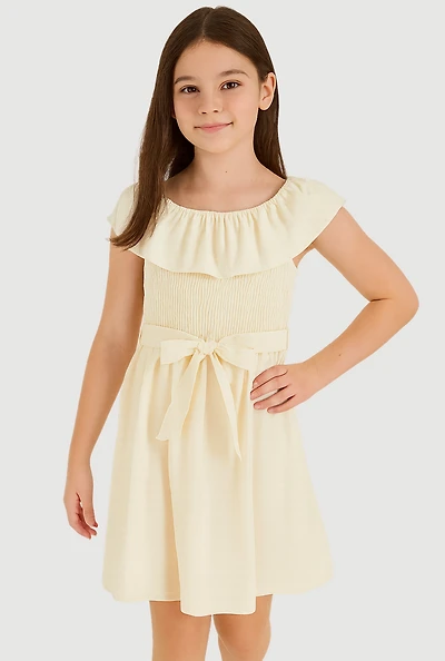 Girls Airy Ruffle Overlay Tie Waist Skater Dress, White,