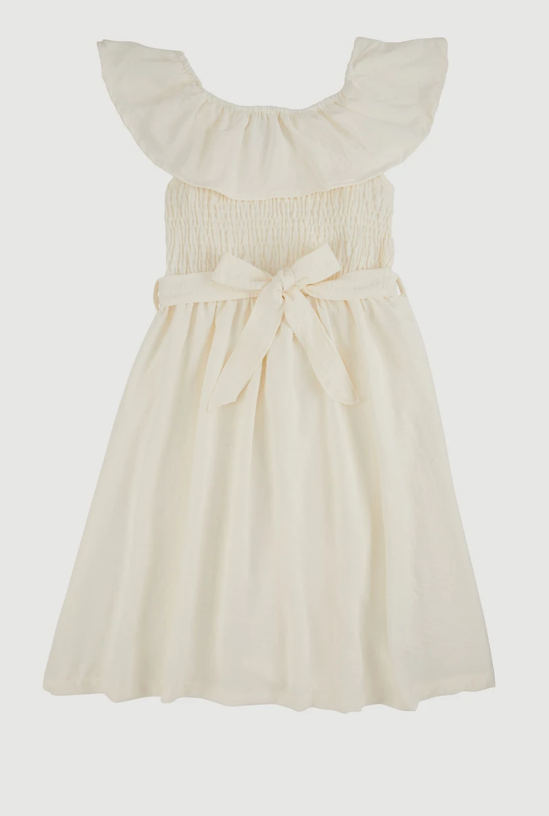Girls Airy Ruffle Overlay Tie Waist Skater Dress, White,