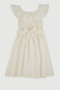 Girls Airy Ruffle Overlay Tie Waist Skater Dress, White, Size 10-12