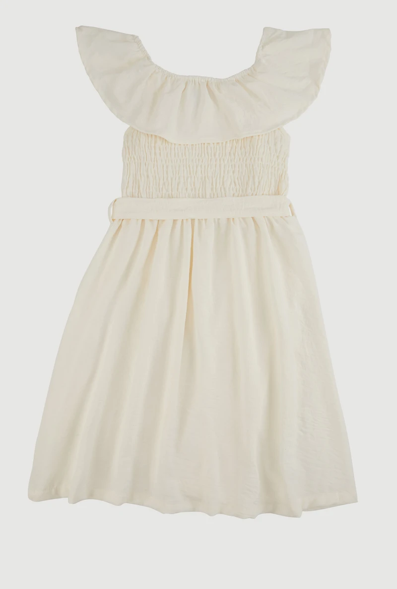 Girls Airy Ruffle Overlay Tie Waist Skater Dress, White,