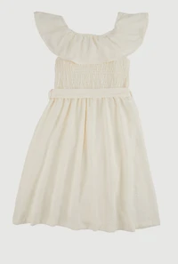 Girls Airy Ruffle Overlay Tie Waist Skater Dress, White,