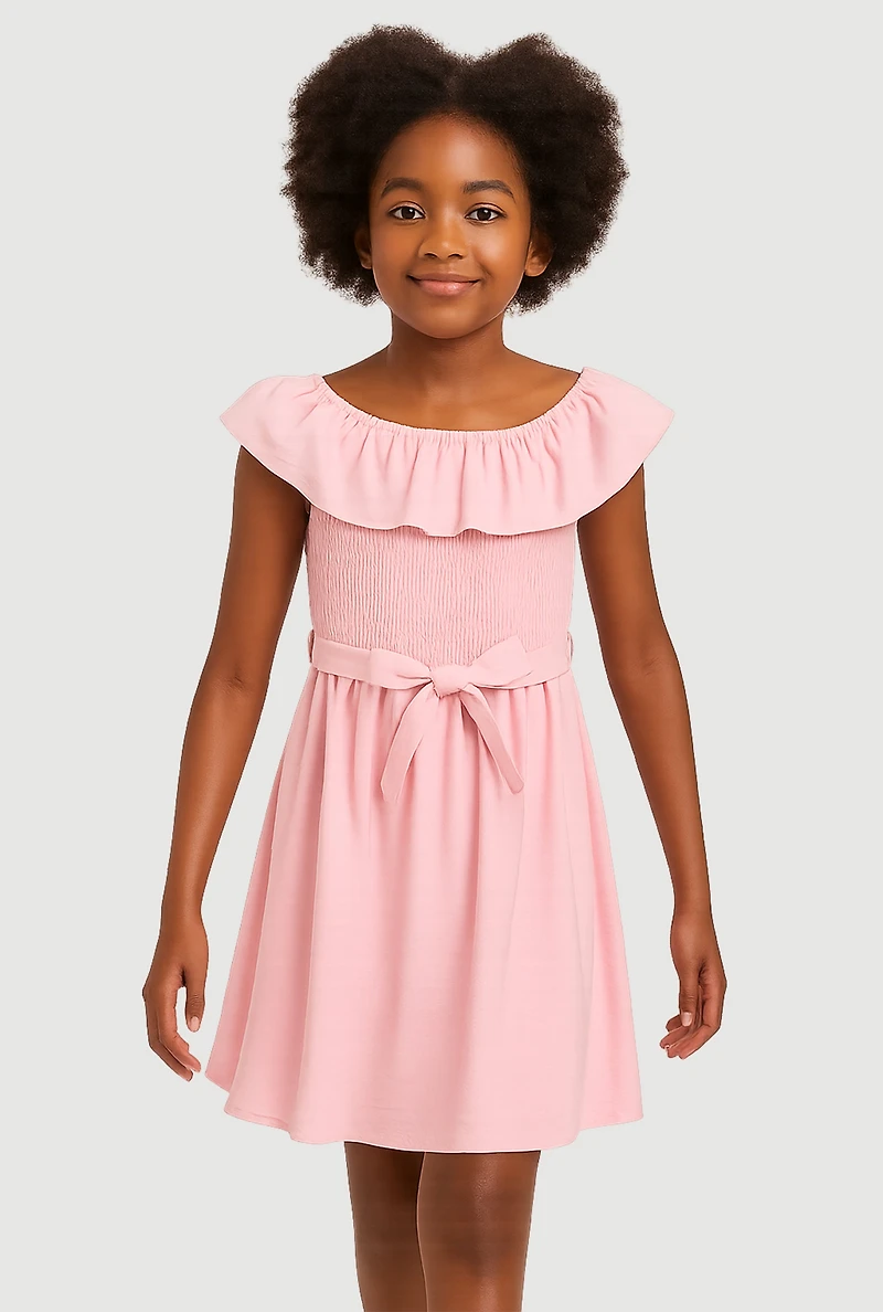 Girls Airy Ruffle Overlay Tie Waist Skater Dress,