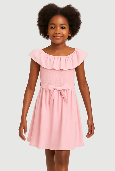Girls Airy Ruffle Overlay Tie Waist Skater Dress,