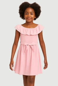 Girls Airy Ruffle Overlay Tie Waist Skater Dress,