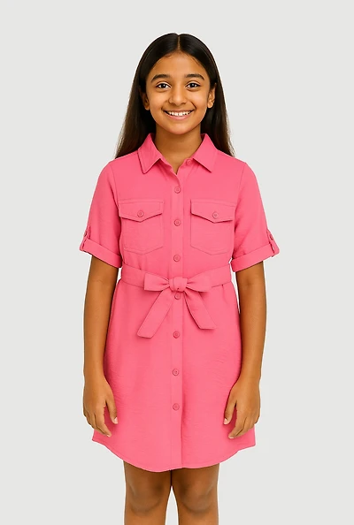 Girls Airy Tabbed Sleeve Shirt Dress, Pink, Size 10-12