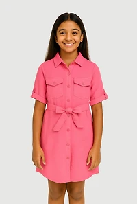 Girls Airy Tabbed Sleeve Shirt Dress