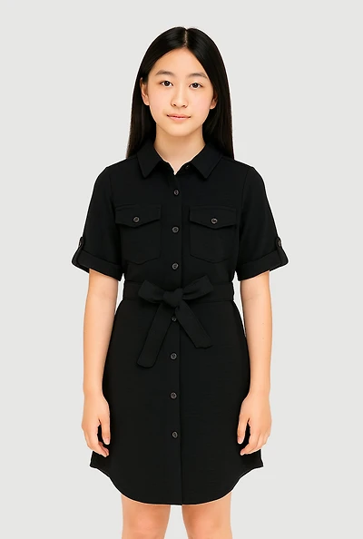 Girls Airy Tabbed Sleeve Shirt Dress, Black, Size 10-12