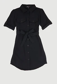 Girls Airy Tabbed Sleeve Shirt Dress, Black, Size 10-12