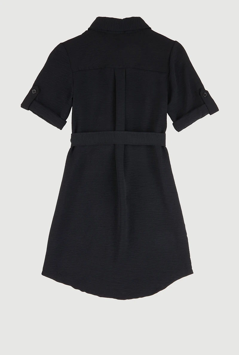 Girls Airy Tabbed Sleeve Shirt Dress, Black, Size 10-12