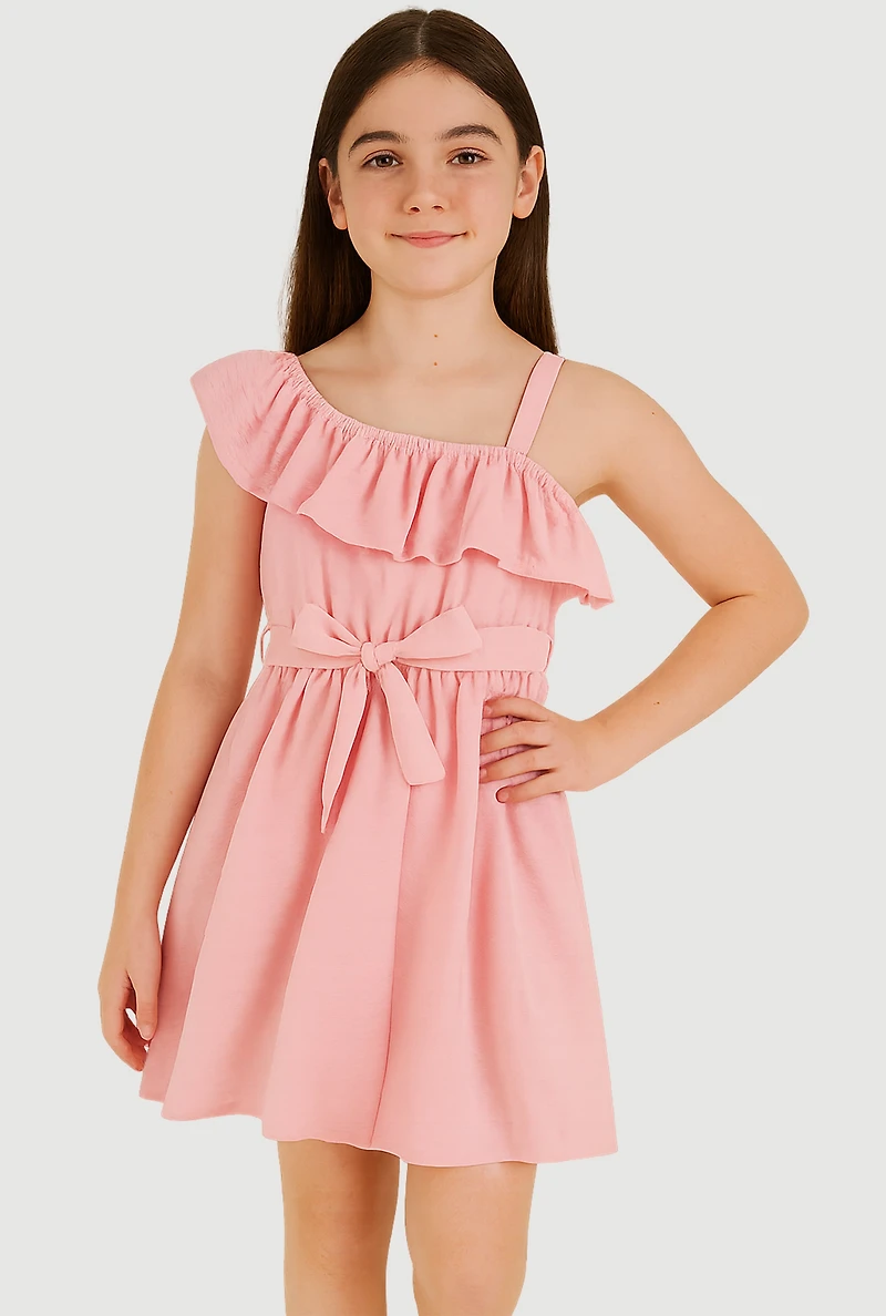 Girls Airy One Shoulder Ruffle Overlay Skater Dress,