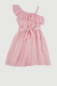 Girls Airy One Shoulder Ruffle Overlay Skater Dress,