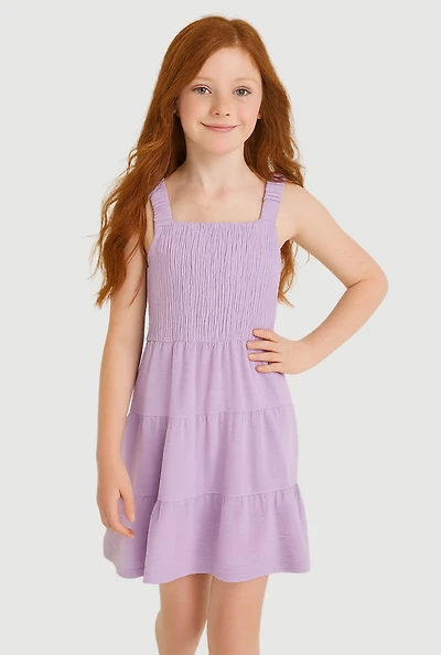 Girls Airy Smocked Tiered Sundress, Purple, Size 14-16