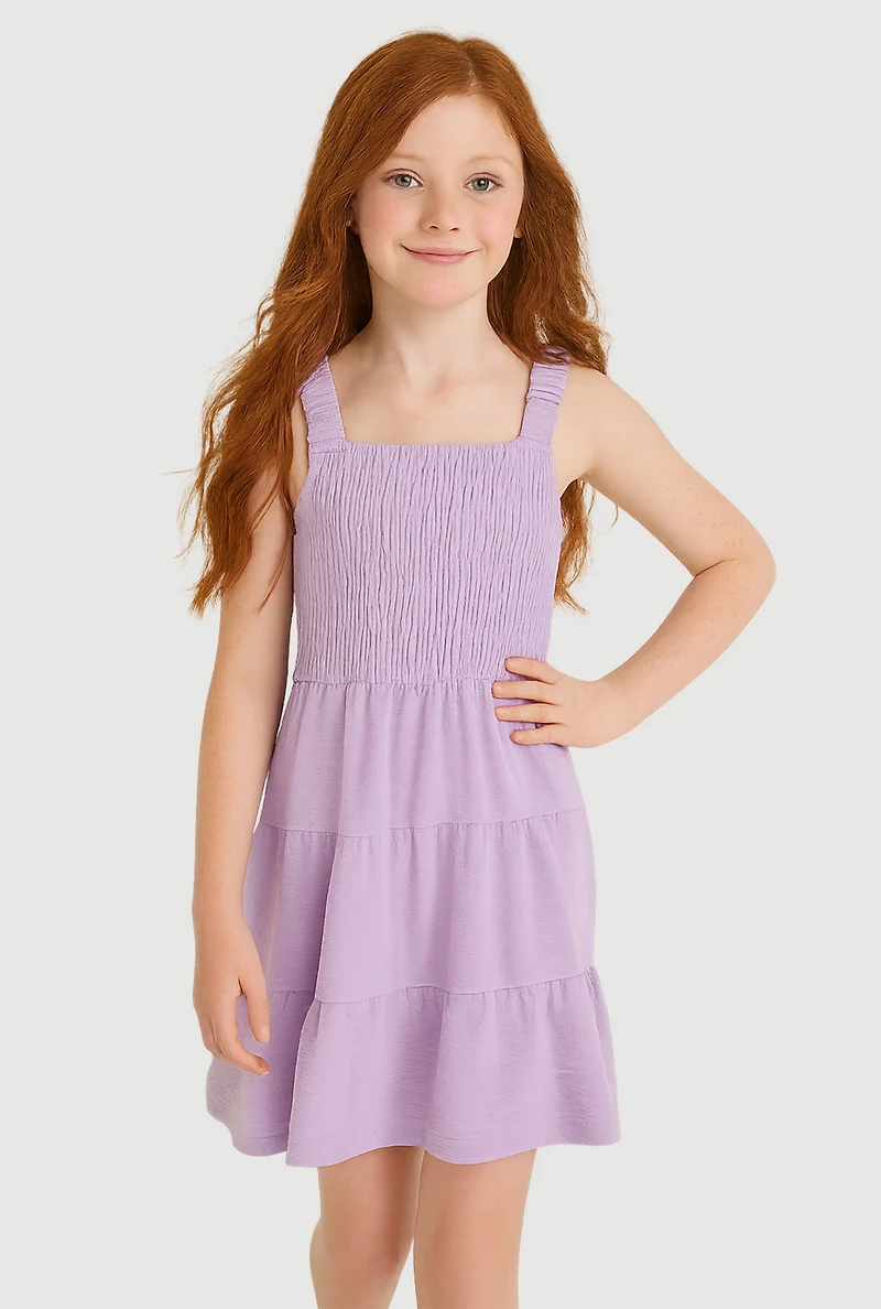 Girls Airy Smocked Tiered Sundress, Purple, Size 10-12