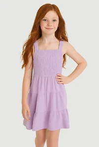 Girls Airy Smocked Tiered Sundress, Purple, Size 10-12