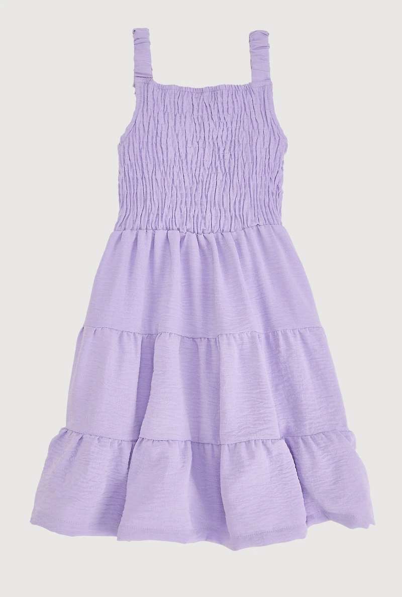 Girls Airy Smocked Tiered Sundress, Purple, Size 10-12