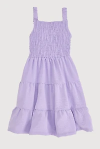 Girls Airy Smocked Tiered Sundress, Purple, Size 10-12