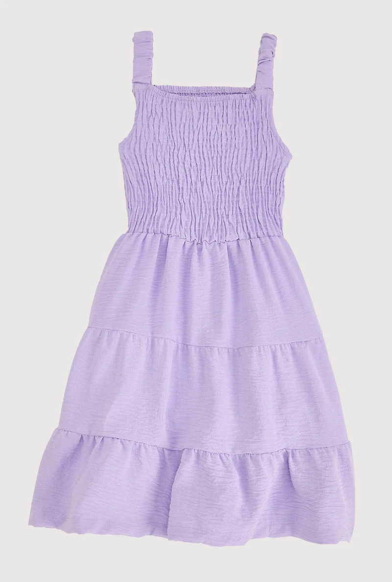 Girls Airy Smocked Tiered Sundress, Purple, Size 10-12