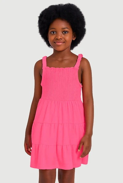 Girls Airy Smocked Tiered Sundress, Pink, Size 10-12