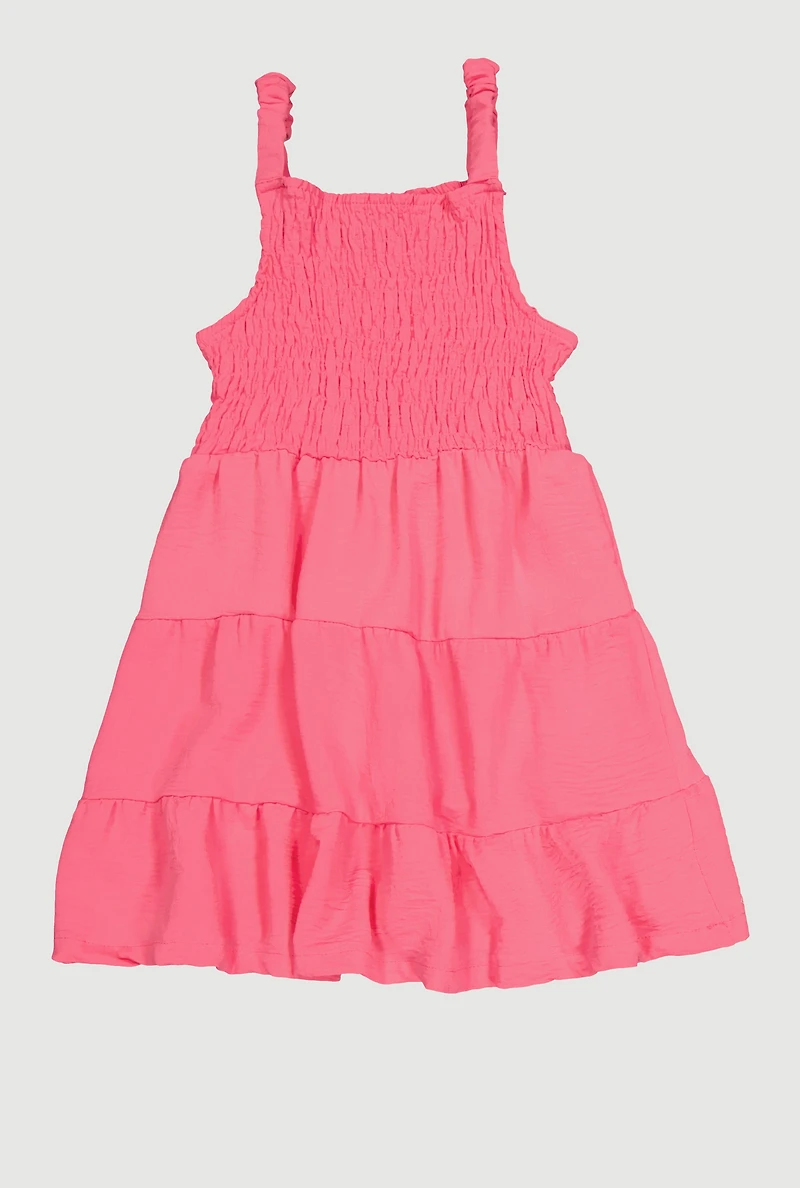 Girls Airy Smocked Tiered Sundress, Pink, Size 10-12
