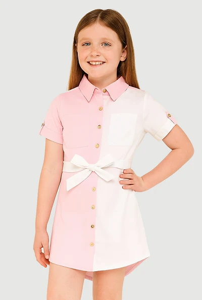 Girls Color Blocked Shirt Dress, 10-12