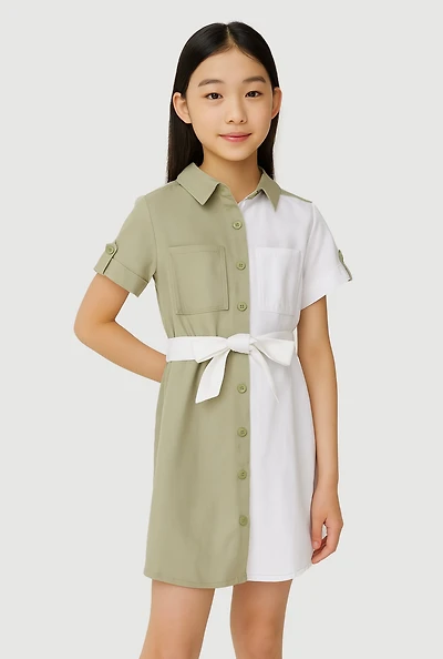 Girls Color Block Shirt Dress, Green, Size 10-12