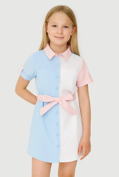 Girls Color Block Shirt Dress, Multi, Size 10-12