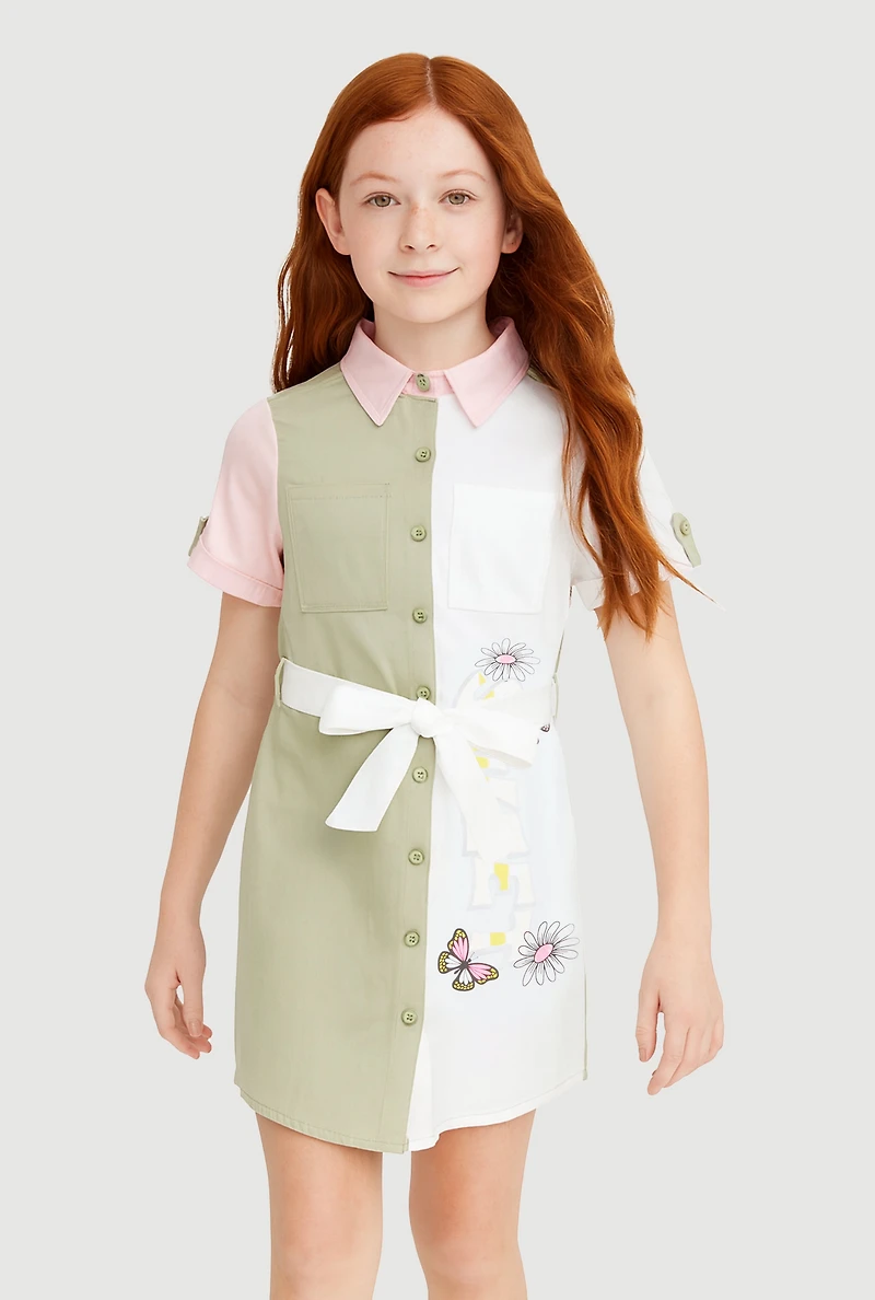 Girls Color Blocked Sweet Butterfly Shirt Dress