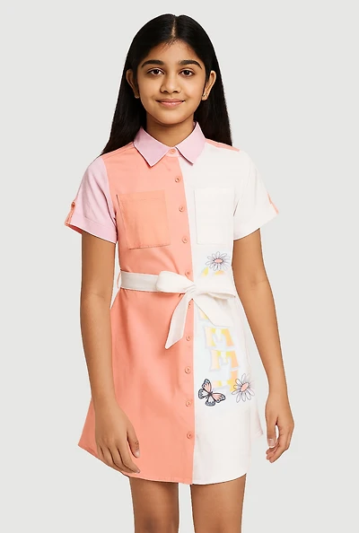 Girls Color Blocked Sweet Butterfly Shirt Dress