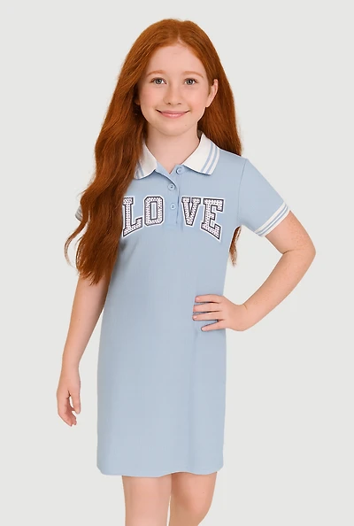 Girls Rhinestone Love Varsity Polo Dress, Blue, Size 10-12