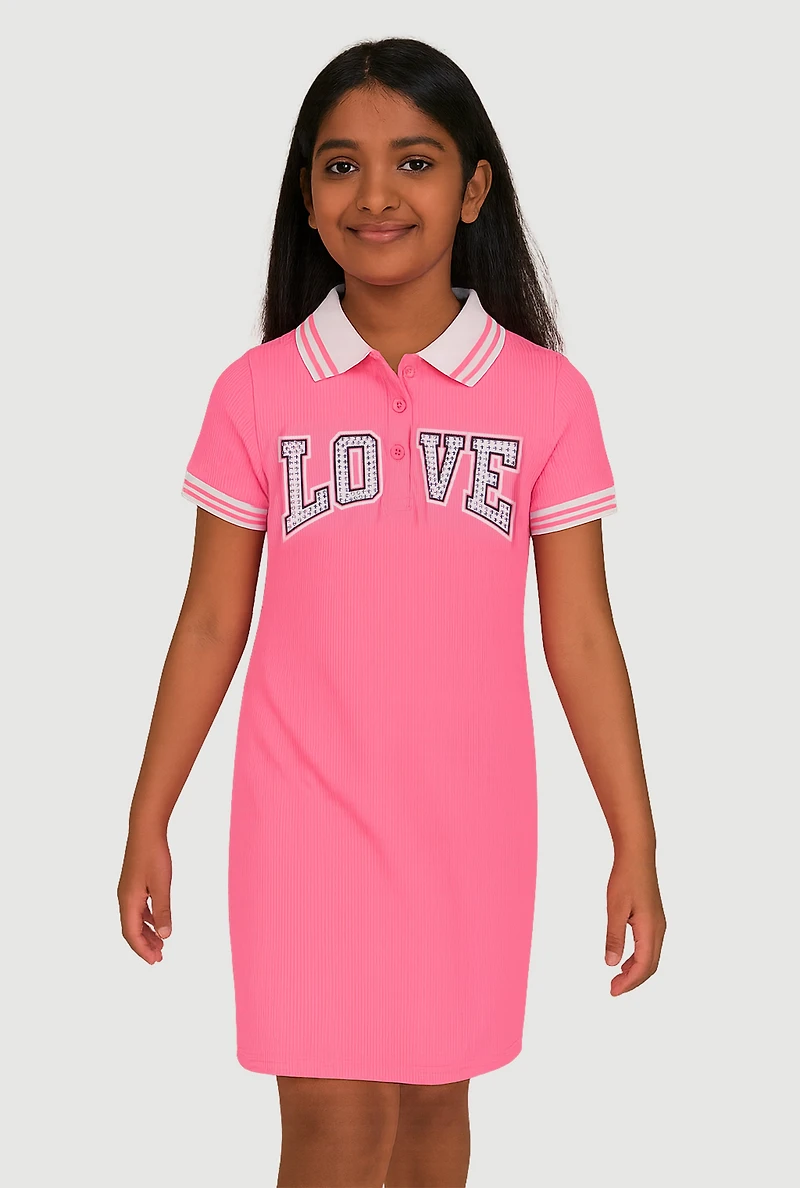 Girls Rhinestone Love Varsity Polo Dress, Pink, Size 10-12