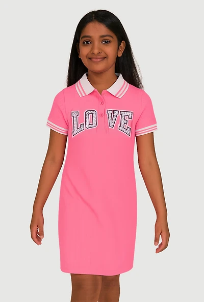 Girls Rhinestone Love Varsity Polo Dress, Pink, Size 10-12