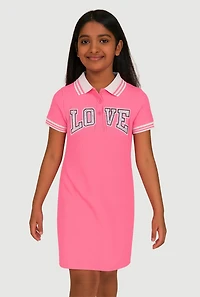 Girls Rhinestone Love Varsity Polo Dress, Pink, Size 10-12