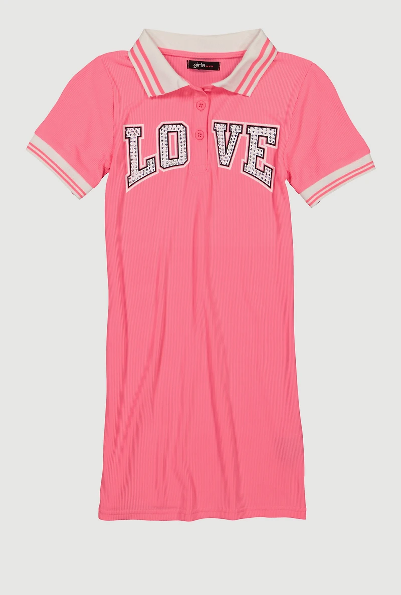 Girls Rhinestone Love Varsity Polo Dress, Pink, Size 10-12