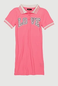 Girls Rhinestone Love Varsity Polo Dress, Pink, Size 10-12