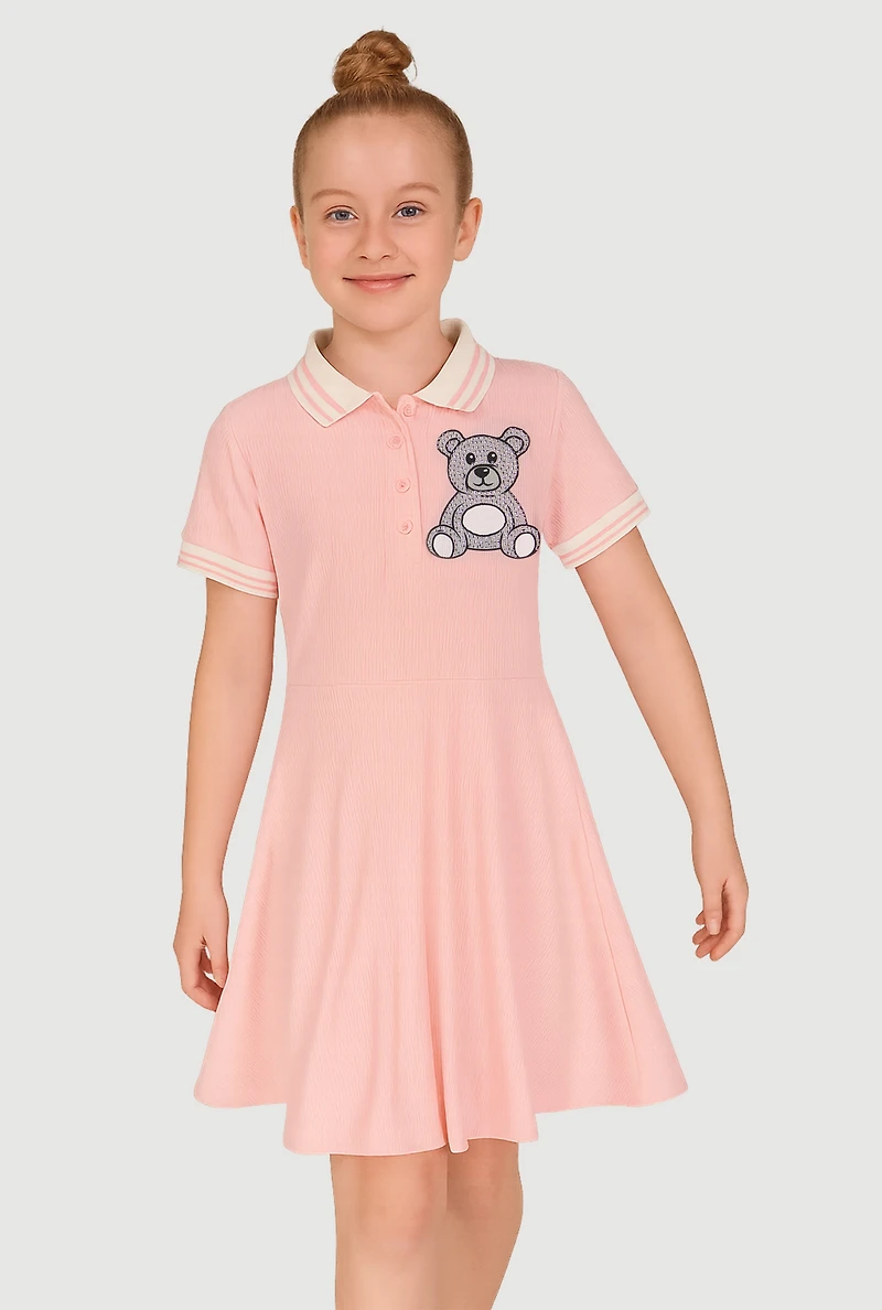 Girls Rhinestone Teddy Graphic Skater Dress
