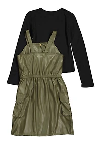 Girls Faux Leather Cargo Dress with Long Sleeve Top
