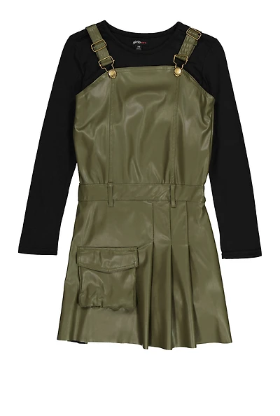 Girls Faux Leather Pleated Overall Dress with Top, Green, Size 10-12