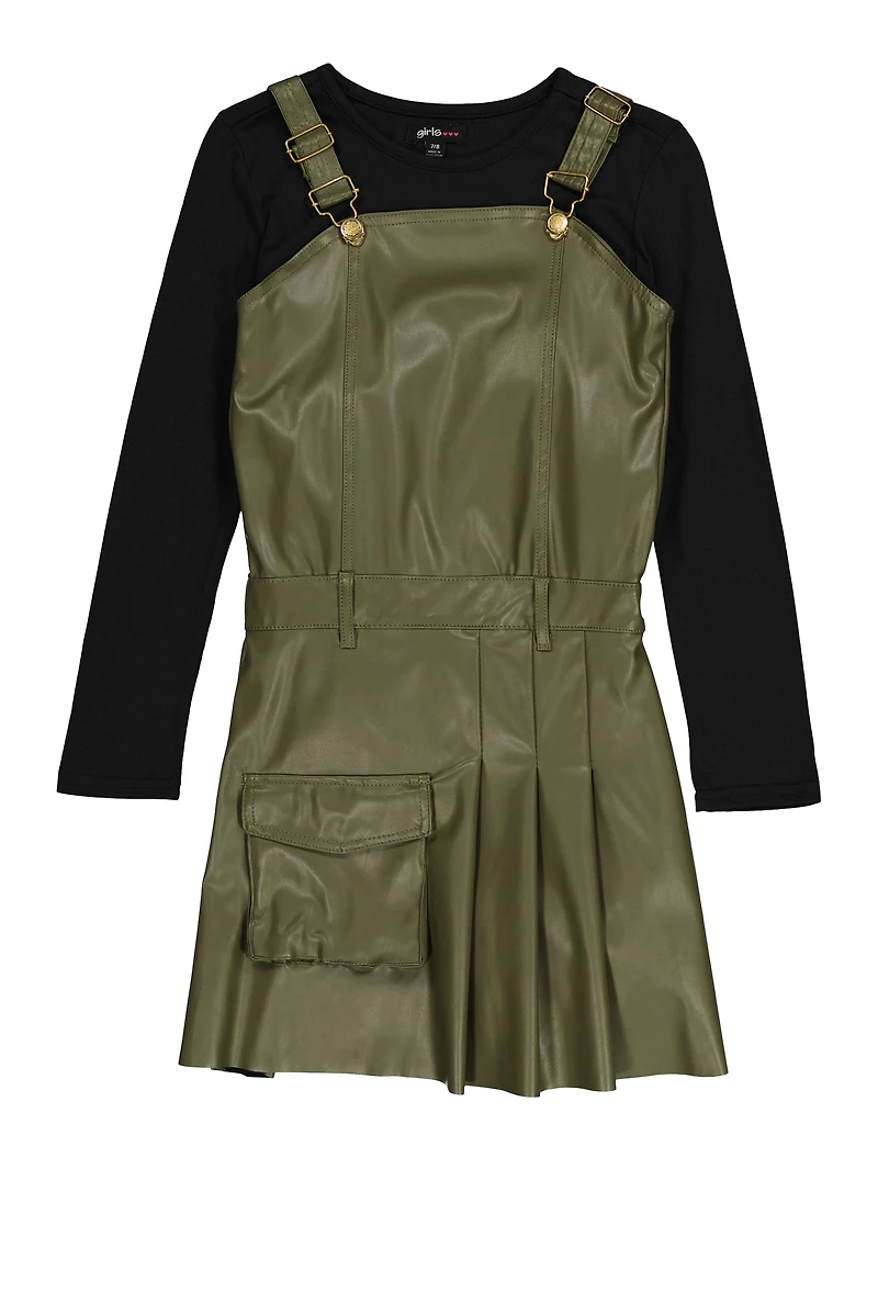 Girls Faux Leather Pleated Overall Dress with Top