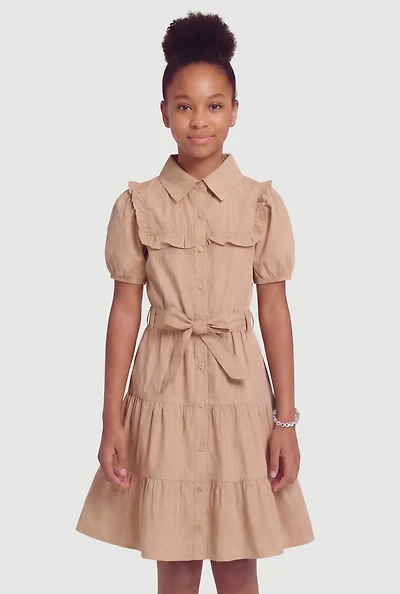 Girls Button Front Dress with Tie Waist Belt and Bracelet