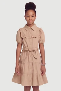 Girls Button Front Dress with Tie Waist Belt and Bracelet